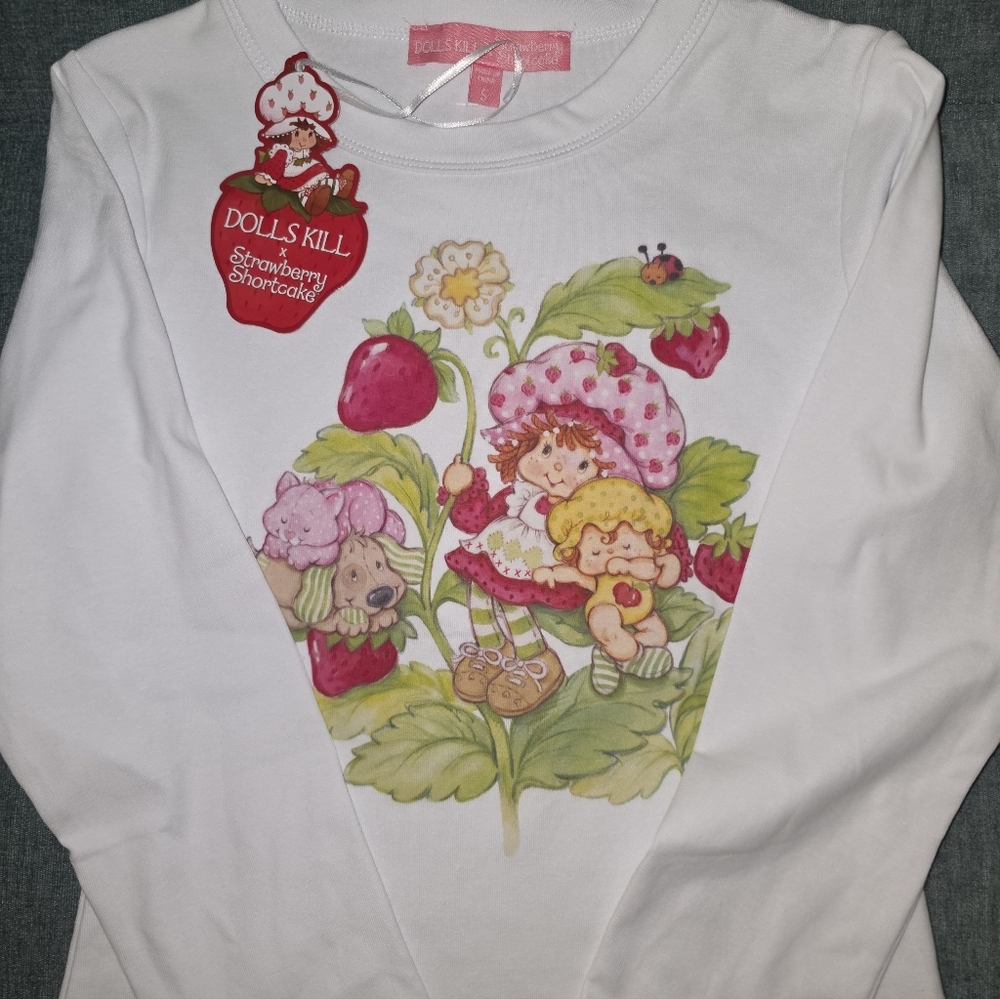 Dolls Kill White Kids Long Sleeve with Strawberry Shortcake Design